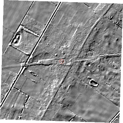 Shaded relief map of the ground around PE148ET, computed from Environment Agency LiDAR. The ground here sits at about 2 m above sea level and falls 5 m across the surrounding 800 m. Surface water reaching this point runs off ground lying to the east-south-east, 1.1 m higher.