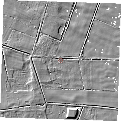 Shaded relief map of the ground around PE148EW, computed from Environment Agency LiDAR. The ground here sits at about 1 m above sea level and falls 6 m across the surrounding 800 m. Surface water reaching this point runs off ground lying to the north-west, 3.1 m higher.
