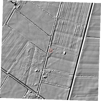 Shaded relief map of the ground around PE148HA, computed from Environment Agency LiDAR. The ground here sits at about -0 m above sea level and falls 6 m across the surrounding 800 m. Surface water reaching this point runs off ground lying to the east, 1.4 m higher.