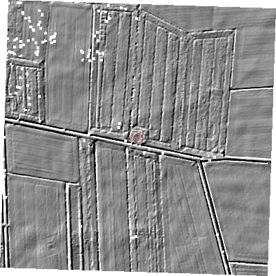 Shaded relief map of the ground around PE148HD, computed from Environment Agency LiDAR. The ground here sits at about -0 m above sea level and falls 3 m across the surrounding 800 m. Surface water reaching this point runs off ground lying to the west, 2.4 m higher.