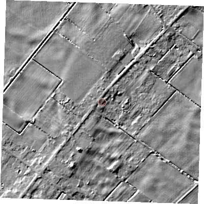 Shaded relief map of the ground around PE148JB, computed from Environment Agency LiDAR. The ground here sits at about 2 m above sea level and falls 5 m across the surrounding 800 m. Surface water reaching this point runs off ground lying to the west-north-west, 1.4 m higher.