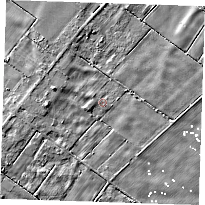 Shaded relief map of the ground around PE148JD, computed from Environment Agency LiDAR. The ground here sits at about 1 m above sea level and falls 5 m across the surrounding 800 m. Surface water reaching this point runs off ground lying to the north-west, 0.7 m higher.