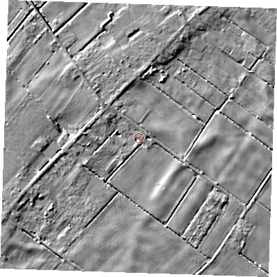 Shaded relief map of the ground around PE148JE, computed from Environment Agency LiDAR. The ground here sits at about 1 m above sea level and falls 4 m across the surrounding 800 m. Surface water reaching this point runs off ground lying to the north-west, 2.3 m higher.