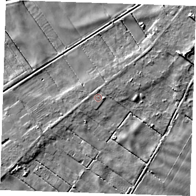 Shaded relief map of the ground around PE148JG, computed from Environment Agency LiDAR. The ground here sits at about 3 m above sea level and falls 6 m across the surrounding 800 m. The ground contributing surface water to this point lies to the west.