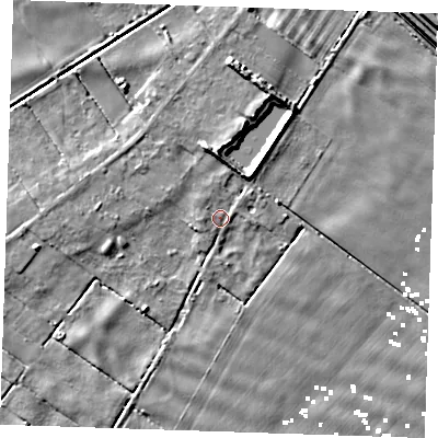 Shaded relief map of the ground around PE148JJ, computed from Environment Agency LiDAR. The ground here sits at about 2 m above sea level and falls 7 m across the surrounding 800 m. Surface water reaching this point runs off ground lying to the north-north-east, 3.4 m higher.