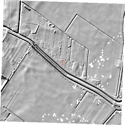 Shaded relief map of the ground around PE148JL, computed from Environment Agency LiDAR. The ground here sits at about 1 m above sea level and falls 7 m across the surrounding 800 m. Surface water reaching this point runs off ground lying to the west, 1.3 m higher.