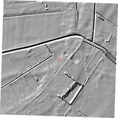 Shaded relief map of the ground around PE148JQ, computed from Environment Agency LiDAR. The ground here sits at about 2 m above sea level and falls 7 m across the surrounding 800 m. Surface water reaching this point runs off ground lying to the east-south-east, 2.1 m higher.