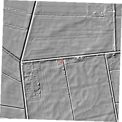 Shaded relief map of the ground around PE148JR, computed from Environment Agency LiDAR. The ground here sits at about -1 m above sea level and falls 3 m across the surrounding 800 m. Surface water reaching this point runs off ground lying to the east, 3.1 m higher.