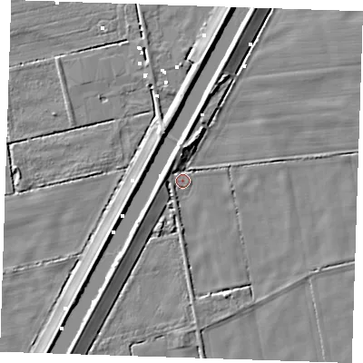 Shaded relief map of the ground around PE148JT, computed from Environment Agency LiDAR. The ground here sits at about -1 m above sea level and falls 6 m across the surrounding 800 m. Surface water reaching this point runs off ground lying to the south, 1.8 m higher.