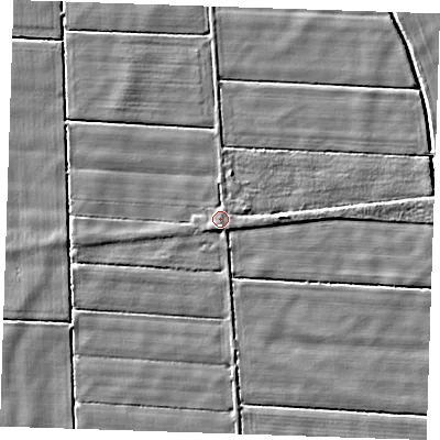 Shaded relief map of the ground around PE148JX, computed from Environment Agency LiDAR. The ground here sits at about -0 m above sea level and falls 3 m across the surrounding 800 m. Surface water reaching this point runs off ground lying to the south-south-east, 1.0 m higher.