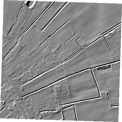 Shaded relief map of the ground around PE148PE, computed from Environment Agency LiDAR. The ground here sits at about 2 m above sea level and falls 5 m across the surrounding 800 m. Surface water reaching this point runs off ground lying to the west-south-west, 2.5 m higher.