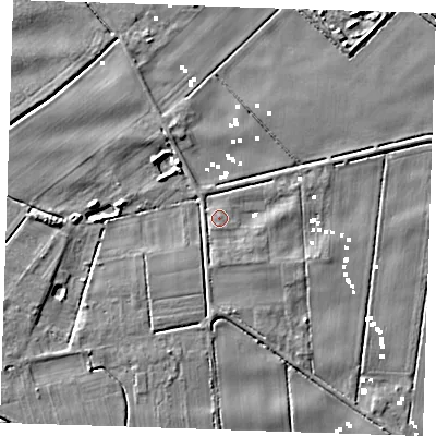 Shaded relief map of the ground around PE148PS, computed from Environment Agency LiDAR. The ground here sits at about 1 m above sea level and falls 6 m across the surrounding 800 m. Surface water reaching this point runs off ground lying to the south, 2.3 m higher.