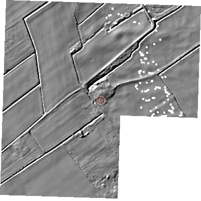 Shaded relief map of the ground around PE148PW, computed from Environment Agency LiDAR. The ground here sits at about 1 m above sea level and falls 6 m across the surrounding 800 m. Surface water reaching this point runs off ground lying to the south-south-west, 3.8 m higher.