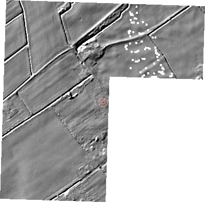 Shaded relief map of the ground around PE148PY, computed from Environment Agency LiDAR. The ground here sits at about 1 m above sea level and falls 5 m across the surrounding 800 m. The ground contributing surface water to this point lies to the south-west.