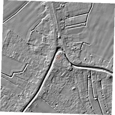 Shaded relief map of the ground around PE148PZ, computed from Environment Agency LiDAR. The ground here sits at about 4 m above sea level and falls 5 m across the surrounding 800 m. Surface water reaching this point runs off ground lying to the north, 4.4 m higher.