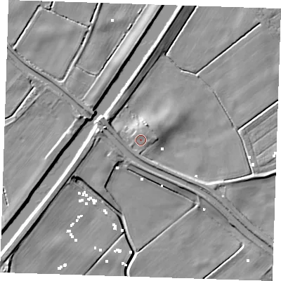 Shaded relief map of the ground around PE148QD, computed from Environment Agency LiDAR. The ground here sits at about 2 m above sea level and falls 7 m across the surrounding 800 m. Surface water reaching this point runs off ground lying to the south-south-west, 1.2 m higher.