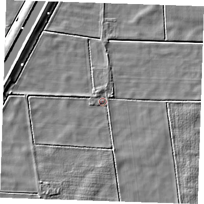 Shaded relief map of the ground around PE148QJ, computed from Environment Agency LiDAR. The ground here sits at about -1 m above sea level and falls 5 m across the surrounding 800 m. Surface water reaching this point runs off ground lying to the north, 1.3 m higher.