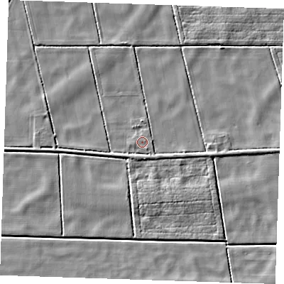 Shaded relief map of the ground around PE148QN, computed from Environment Agency LiDAR. The ground here sits at about -1 m above sea level and falls 3 m across the surrounding 800 m. Surface water reaching this point runs off ground lying to the south-east, 0.9 m higher.