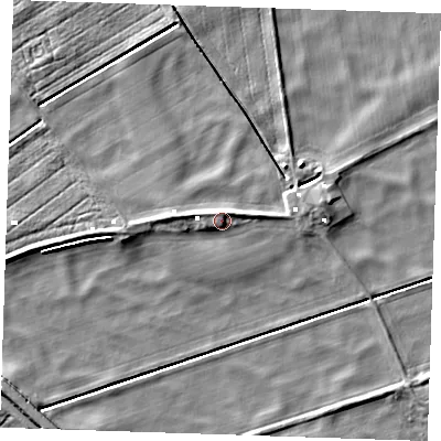 Shaded relief map of the ground around PE148QQ, computed from Environment Agency LiDAR. The ground here sits at about 0 m above sea level and falls 7 m across the surrounding 800 m. Surface water reaching this point runs off ground lying to the north-north-east, 1.6 m higher.