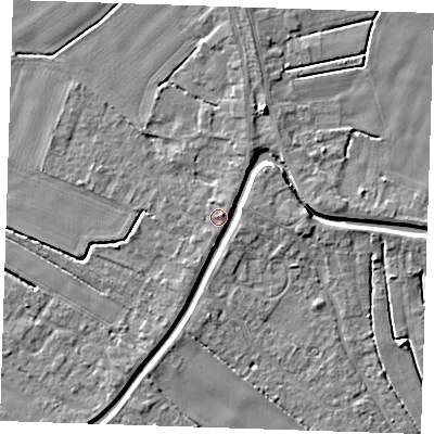 Shaded relief map of the ground around PE148RA, computed from Environment Agency LiDAR. The ground here sits at about 4 m above sea level and falls 5 m across the surrounding 800 m. Surface water reaching this point runs off ground lying to the east-north-east, 1.5 m higher.