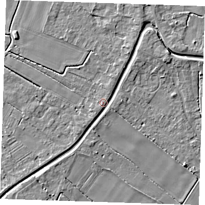 Shaded relief map of the ground around PE148RD, computed from Environment Agency LiDAR. The ground here sits at about 4 m above sea level and falls 5 m across the surrounding 800 m. Surface water reaching this point runs off ground lying to the north-north-east, 3.5 m higher.