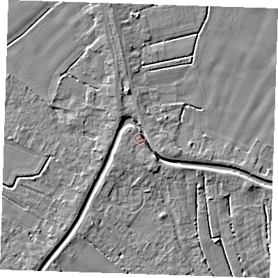 Shaded relief map of the ground around PE148RG, computed from Environment Agency LiDAR. The ground here sits at about 4 m above sea level and falls 5 m across the surrounding 800 m. Surface water reaching this point runs off ground lying to the south-east, 3.1 m higher.