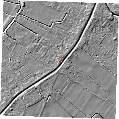 Shaded relief map of the ground around PE148RJ, computed from Environment Agency LiDAR. The ground here sits at about 4 m above sea level and falls 5 m across the surrounding 800 m. Surface water reaching this point runs off ground lying to the south-south-west, 0.8 m higher.