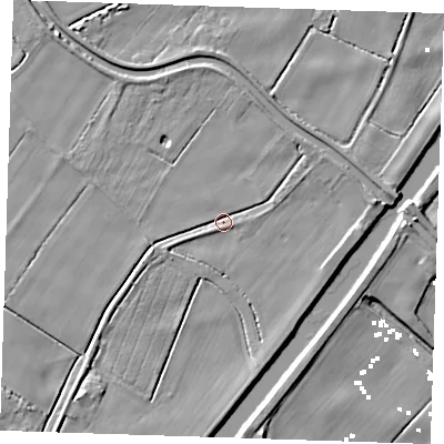 Shaded relief map of the ground around PE148RY, computed from Environment Agency LiDAR. The ground here sits at about 1 m above sea level and falls 7 m across the surrounding 800 m. Surface water reaching this point runs off ground lying to the east, 2.6 m higher.