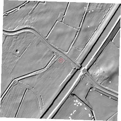 Shaded relief map of the ground around PE148RZ, computed from Environment Agency LiDAR. The ground here sits at about 2 m above sea level and falls 7 m across the surrounding 800 m. Surface water reaching this point runs off ground lying to the east-north-east, 1.9 m higher.