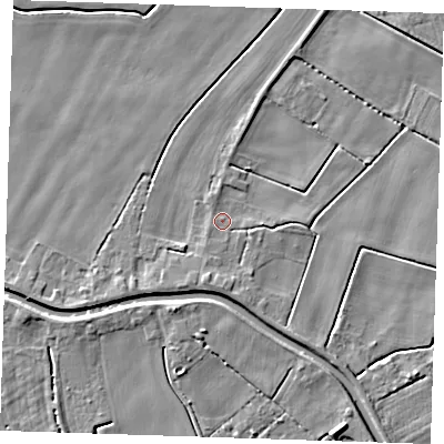 Shaded relief map of the ground around PE148SG, computed from Environment Agency LiDAR. The ground here sits at about 2 m above sea level and falls 4 m across the surrounding 800 m. Surface water reaching this point runs off ground lying to the south, 2.2 m higher.