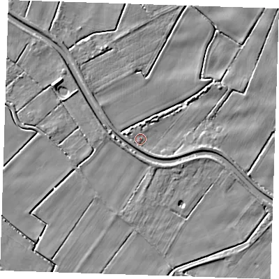 Shaded relief map of the ground around PE148SL, computed from Environment Agency LiDAR. The ground here sits at about 2 m above sea level and falls 5 m across the surrounding 800 m. Surface water reaching this point runs off ground lying to the west-north-west, 2.0 m higher.