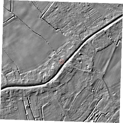 Shaded relief map of the ground around PE149AD, computed from Environment Agency LiDAR. The ground here sits at about 4 m above sea level and falls 4 m across the surrounding 800 m. Surface water reaching this point runs off ground lying to the south-east, 2.6 m higher.