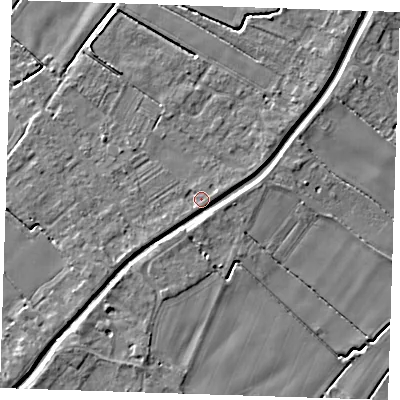 Shaded relief map of the ground around PE149AF, computed from Environment Agency LiDAR. The ground here sits at about 3 m above sea level and falls 4 m across the surrounding 800 m. Surface water reaching this point runs off ground lying to the south-west, 2.4 m higher.
