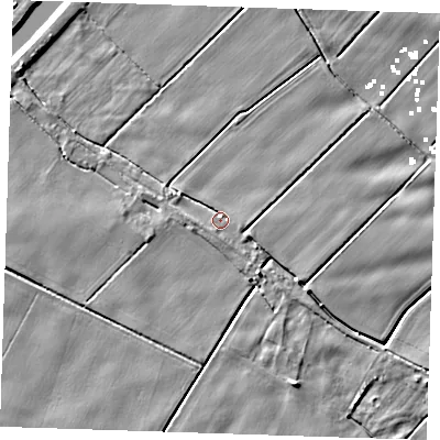 Shaded relief map of the ground around PE149BN, computed from Environment Agency LiDAR. The ground here sits at about 2 m above sea level and falls 5 m across the surrounding 800 m. Surface water reaching this point runs off ground lying to the north-north-east, 1.9 m higher.