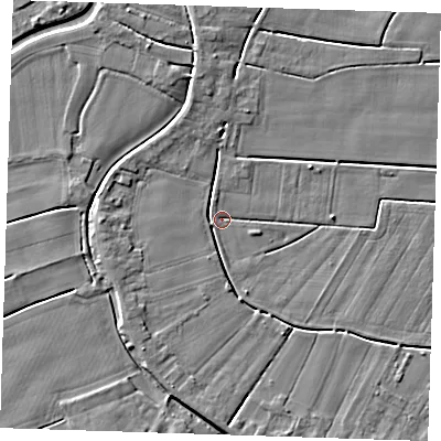 Shaded relief map of the ground around PE149EX, computed from Environment Agency LiDAR. The ground here sits at about 2 m above sea level and falls 4 m across the surrounding 800 m. Surface water reaching this point runs off ground lying to the west, 3.5 m higher.
