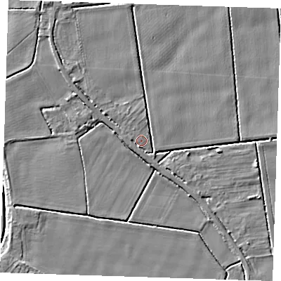Shaded relief map of the ground around PE149JS, computed from Environment Agency LiDAR. The ground here sits at about 2 m above sea level and falls 4 m across the surrounding 800 m. Surface water reaching this point runs off ground lying to the west, 1.7 m higher.