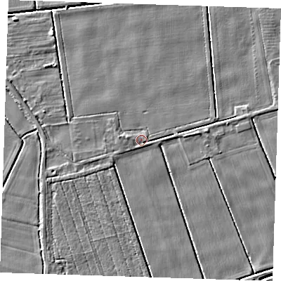 Shaded relief map of the ground around PE149JU, computed from Environment Agency LiDAR. The ground here sits at about 2 m above sea level and falls 4 m across the surrounding 800 m. Surface water reaching this point runs off ground lying to the west-south-west, 1.2 m higher.