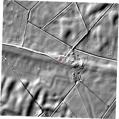 Shaded relief map of the ground around PE149NT, computed from Environment Agency LiDAR. The ground here sits at about 2 m above sea level and falls 7 m across the surrounding 800 m. Surface water reaching this point runs off ground lying to the west, 1.4 m higher.