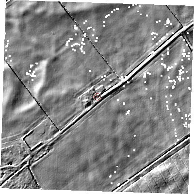 Shaded relief map of the ground around PE149QF, computed from Environment Agency LiDAR. The ground here sits at about 1 m above sea level and falls 5 m across the surrounding 800 m. Surface water reaching this point runs off ground lying to the west-south-west, 2.1 m higher.