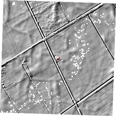 Shaded relief map of the ground around PE149QG, computed from Environment Agency LiDAR. The ground here sits at about 1 m above sea level and falls 4 m across the surrounding 800 m. Surface water reaching this point runs off ground lying to the west-north-west, 1.6 m higher.