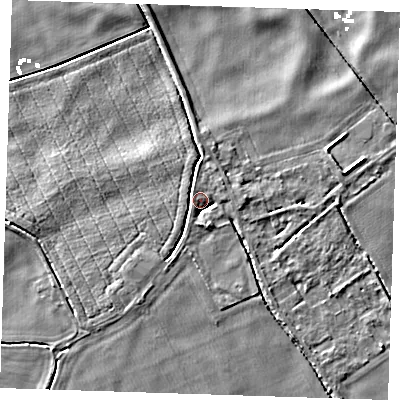 Shaded relief map of the ground around PE149QP, computed from Environment Agency LiDAR. The ground here sits at about 2 m above sea level and falls 5 m across the surrounding 800 m. Surface water reaching this point runs off ground lying to the south, 2.6 m higher.