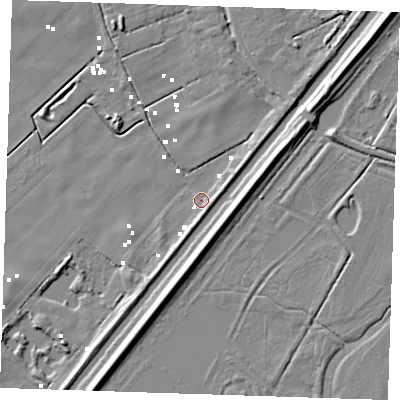 Shaded relief map of the ground around PE149RJ, computed from Environment Agency LiDAR. The ground here sits at about 0 m above sea level and falls 9 m across the surrounding 800 m. Surface water reaching this point runs off ground lying to the east-north-east, 3.2 m higher.
