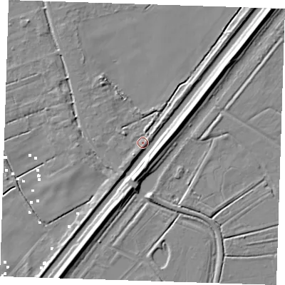 Shaded relief map of the ground around PE149RL, computed from Environment Agency LiDAR. The ground here sits at about 2 m above sea level and falls 8 m across the surrounding 800 m. Surface water reaching this point runs off ground lying to the south-west, 3.2 m higher.