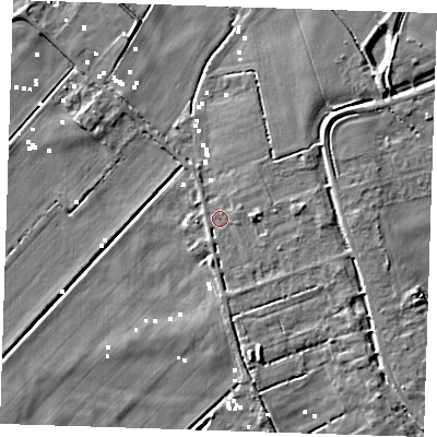 Shaded relief map of the ground around PE149SA, computed from Environment Agency LiDAR. The ground here sits at about 1 m above sea level and falls 6 m across the surrounding 800 m. Surface water reaching this point runs off ground lying to the east, 3.4 m higher.