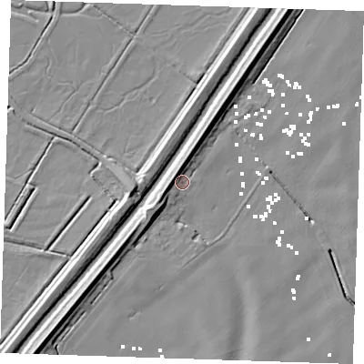 Shaded relief map of the ground around PE149TJ, computed from Environment Agency LiDAR. The ground here sits at about 2 m above sea level and falls 11 m across the surrounding 800 m. Surface water reaching this point runs off ground lying to the west-north-west, 4.9 m higher.