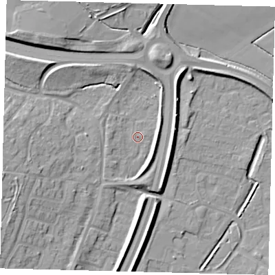 Shaded relief map of the ground around PE14SP, computed from Environment Agency LiDAR. The ground here sits at about 6 m above sea level and falls 11 m across the surrounding 800 m. Surface water reaching this point runs off ground lying to the east-south-east, 4.1 m higher.
