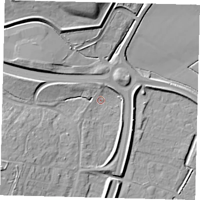 Shaded relief map of the ground around PE14SR, computed from Environment Agency LiDAR. The ground here sits at about 6 m above sea level and falls 16 m across the surrounding 800 m. Surface water reaching this point runs off ground lying to the west-south-west, 6.8 m higher.