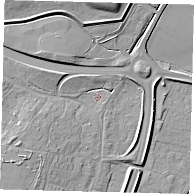 Shaded relief map of the ground around PE14SZ, computed from Environment Agency LiDAR. The ground here sits at about 6 m above sea level and falls 14 m across the surrounding 800 m. Surface water reaching this point runs off ground lying to the west-south-west, 4.1 m higher.