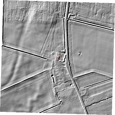 Shaded relief map of the ground around PE150AA, computed from Environment Agency LiDAR. The ground here sits at about 4 m above sea level and falls 6 m across the surrounding 800 m. Surface water reaching this point runs off ground lying to the east-south-east, 2.3 m higher.