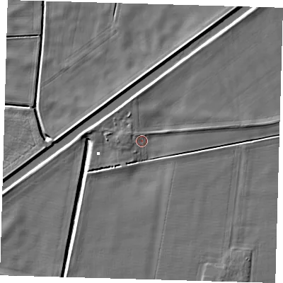 Shaded relief map of the ground around PE150AB, computed from Environment Agency LiDAR. The ground here sits at about -0 m above sea level and falls 5 m across the surrounding 800 m. Surface water reaching this point runs off ground lying to the east, 2.9 m higher.